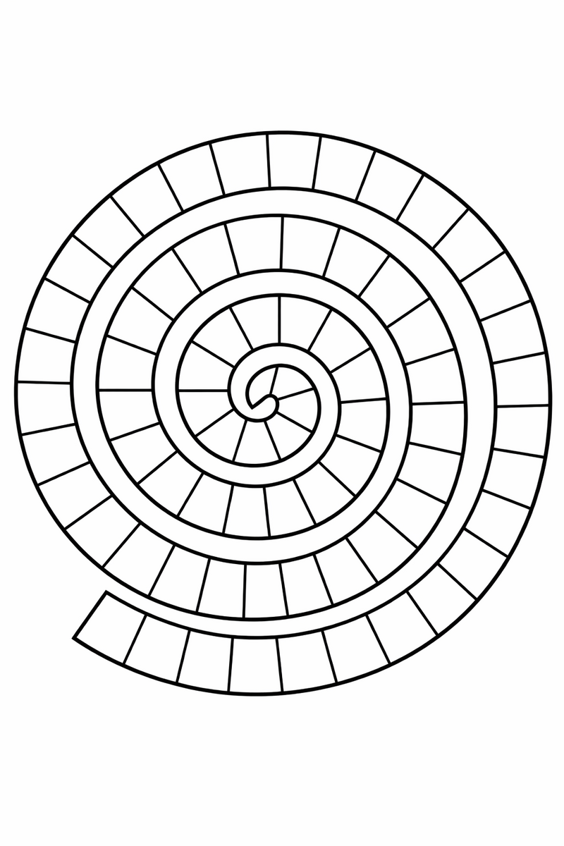 A single continuous spiral band winding from the center of the page out to the rim, divided along its length into many small equal segments coloring page