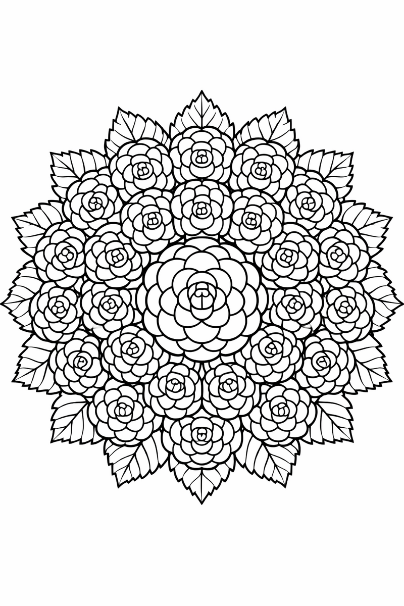Camellia mandala with layered round camellia flowers repeating in tight rings above serrated leaves, richly detailed symmetric coloring page