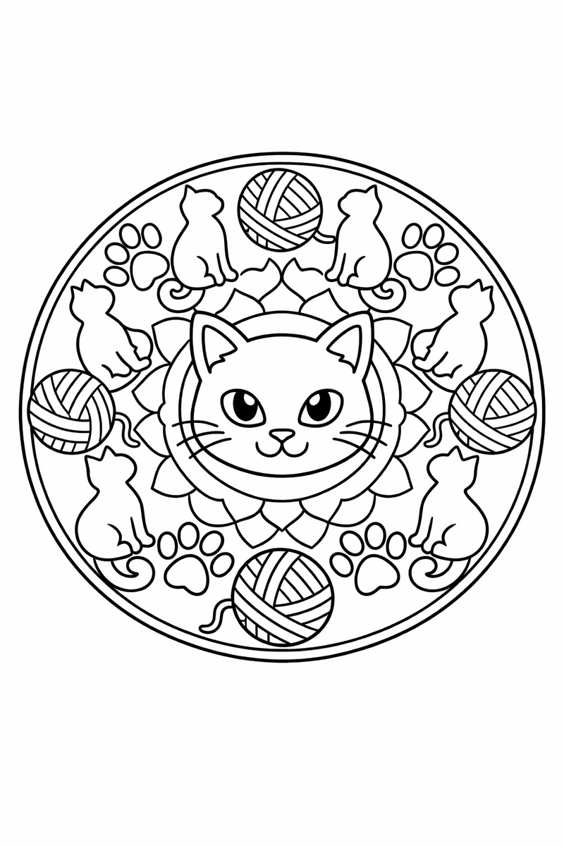 Cat mandala with a ring of sitting cat silhouettes alternating with paw prints and yarn balls, playful symmetric coloring page