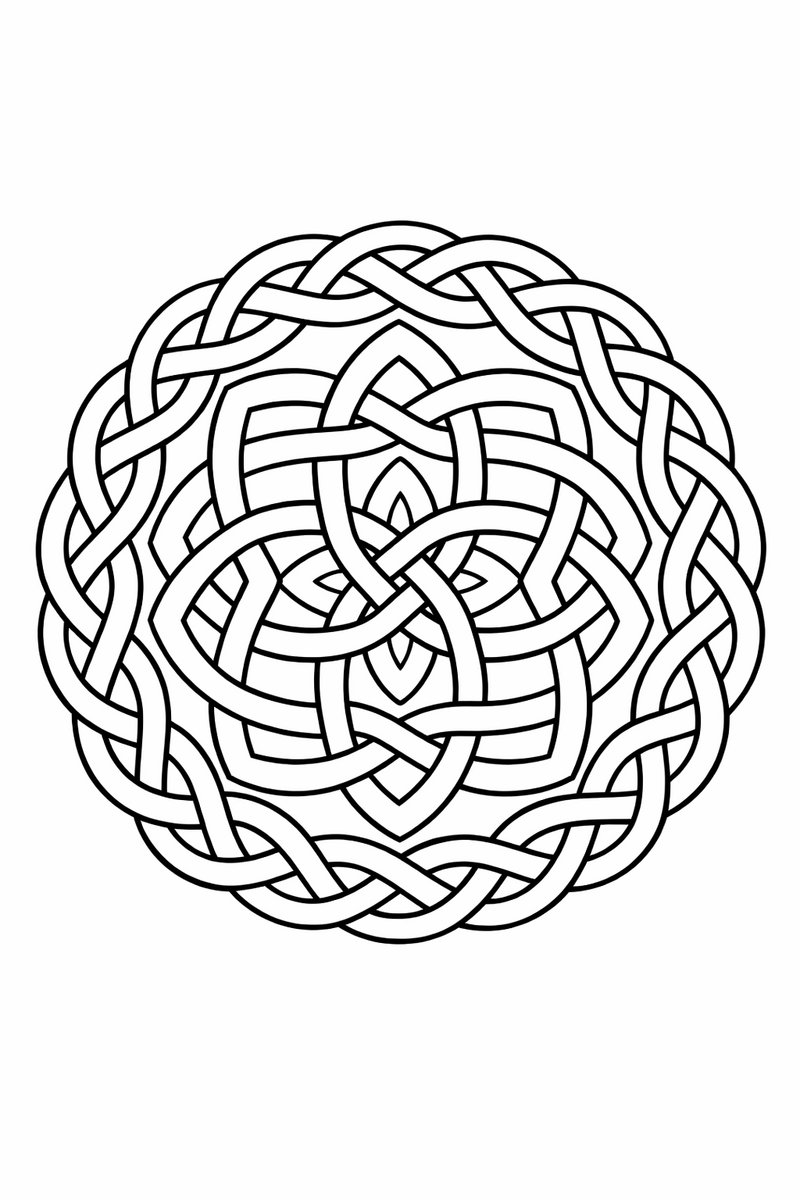Celtic knot mandala with endless interlaced ribbons and loops in a circular braid, intricate symmetric coloring page