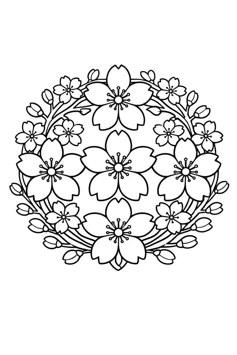 Cherry blossom mandala with five-petal sakura flowers and thin branches woven in a delicate ring, symmetric coloring page