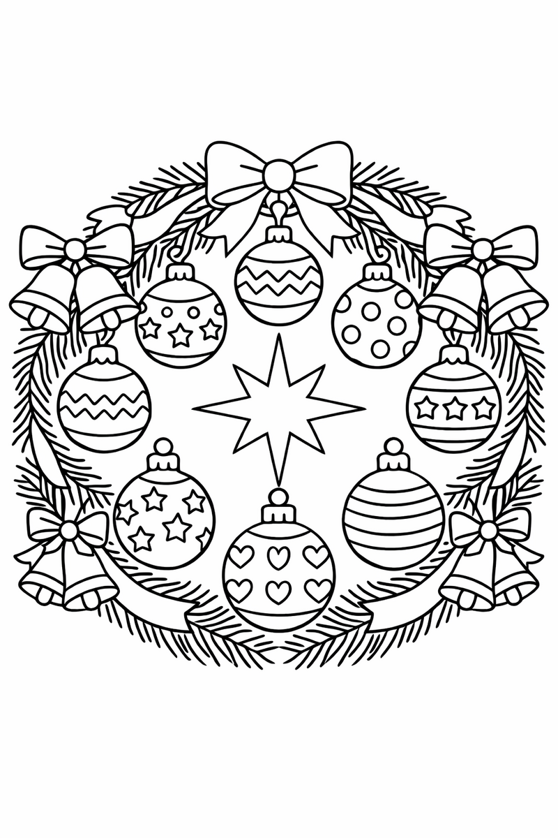 Christmas mandala with a ring of decorated round baubles hanging from a wreath of pine sprigs, ribbons and bells around a bright star center, festive symmetric coloring page