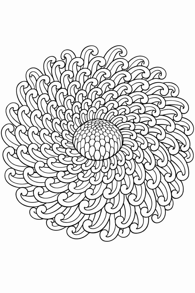 Chrysanthemum mandala with hundreds of slim curling ray petals spiralling outward from a domed center in even rings, highly detailed coloring page