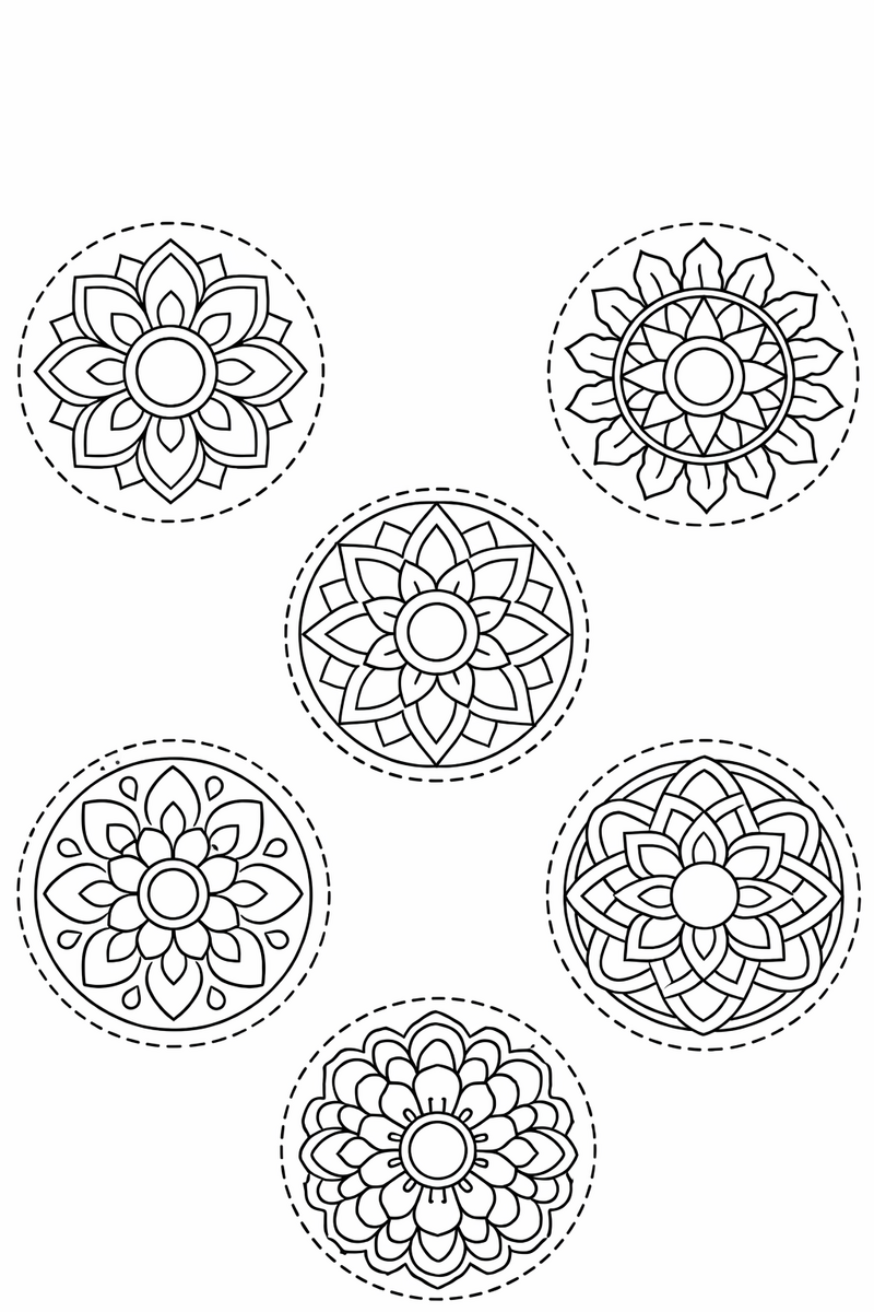 Color and cut craft sheet with six separate round mandala medallions of different patterns spaced evenly on the page, each inside a dashed cutting circle, coloring page