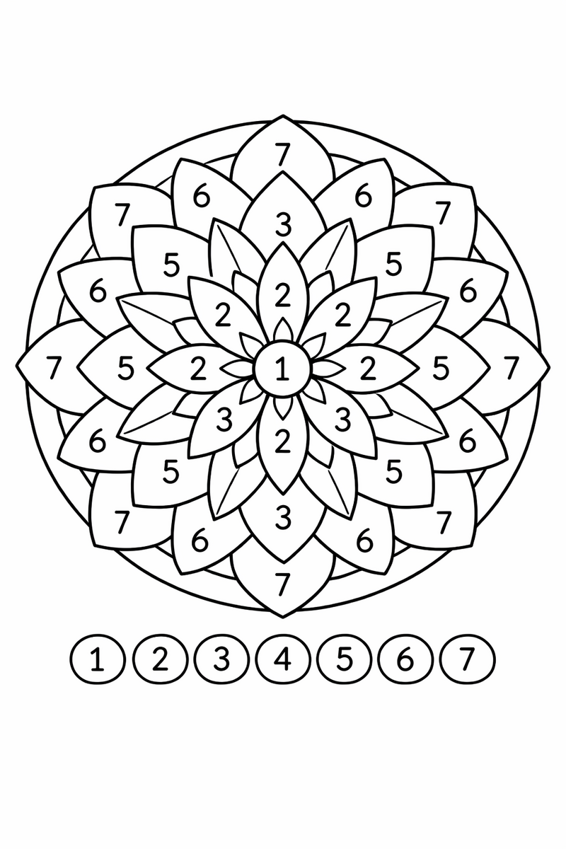 Color by number mandala with a symmetric flower pattern divided into numbered regions each carrying one small clear digit, plus a row of numbered key circles along the bottom, coloring page