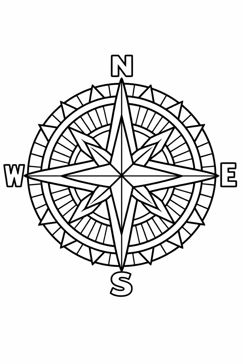 Compass star mandala shaped like a mariner compass rose with cardinal points and fine radiating lines, nautical symmetric coloring page