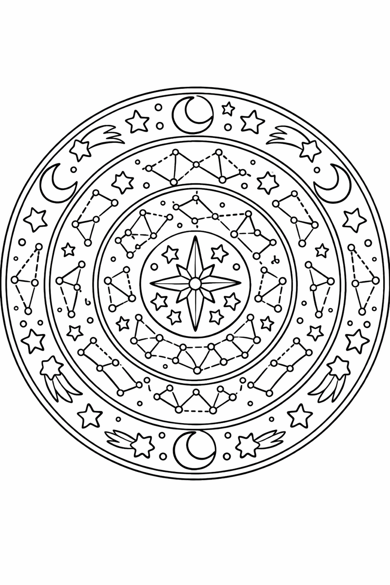 Constellation mandala with dotted star maps and connecting lines forming rings of tiny constellations, starry symmetric coloring page