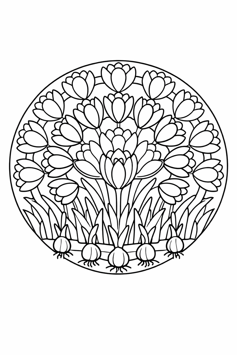 Crocus mandala with cup-shaped crocus flowers opening in concentric rings above grassy blades and small bulbs, symmetric intricate coloring page
