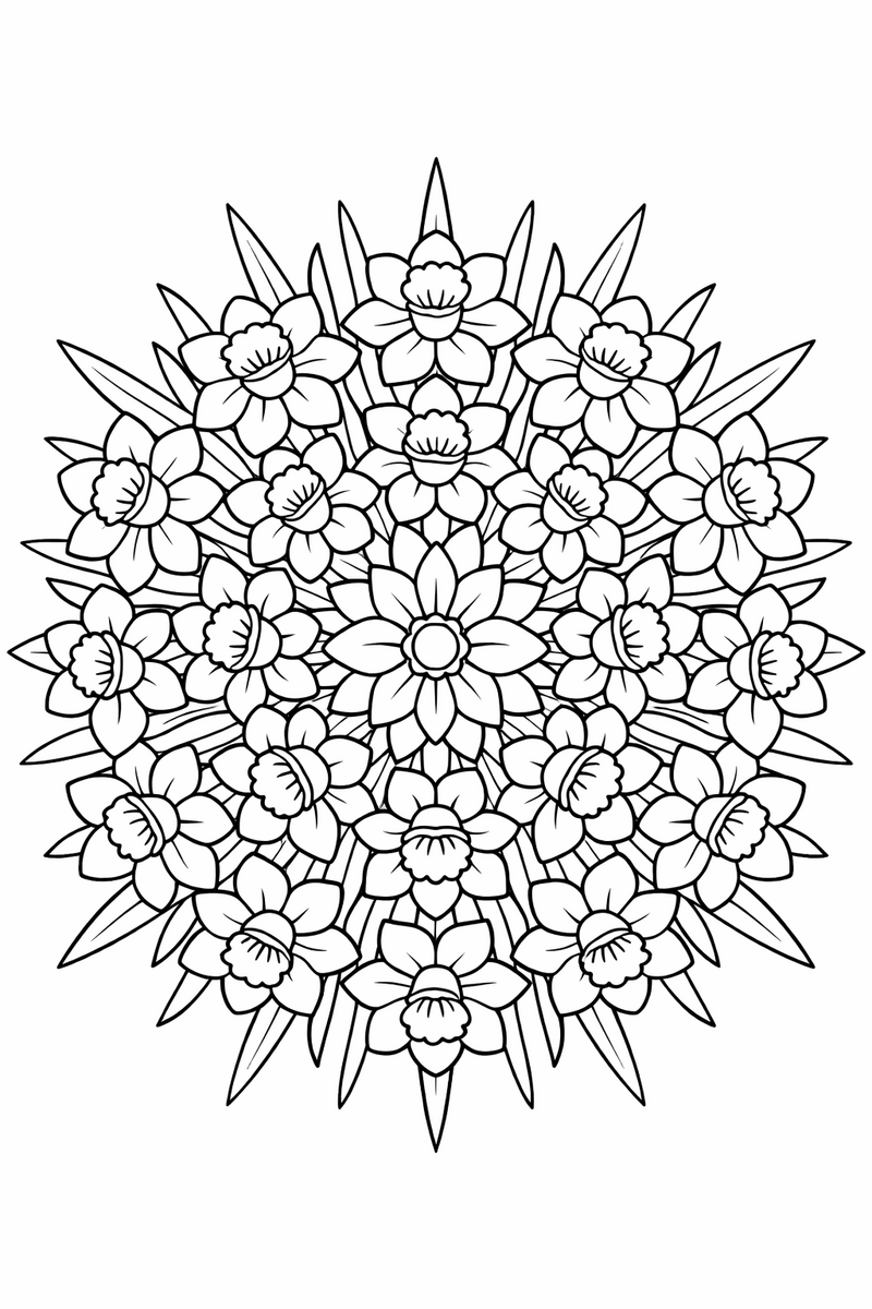 Daffodil mandala with rings of trumpet-shaped daffodil blooms and slender leaf blades radiating in perfect symmetry from a bright center, intricate coloring page