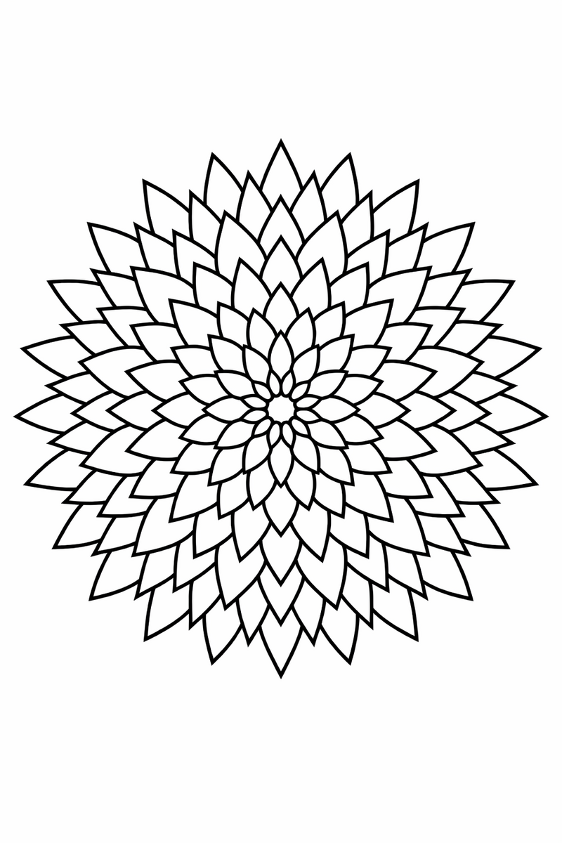 Dahlia mandala with pointed spiky dahlia petals radiating in perfect concentric rings, striking symmetric coloring page