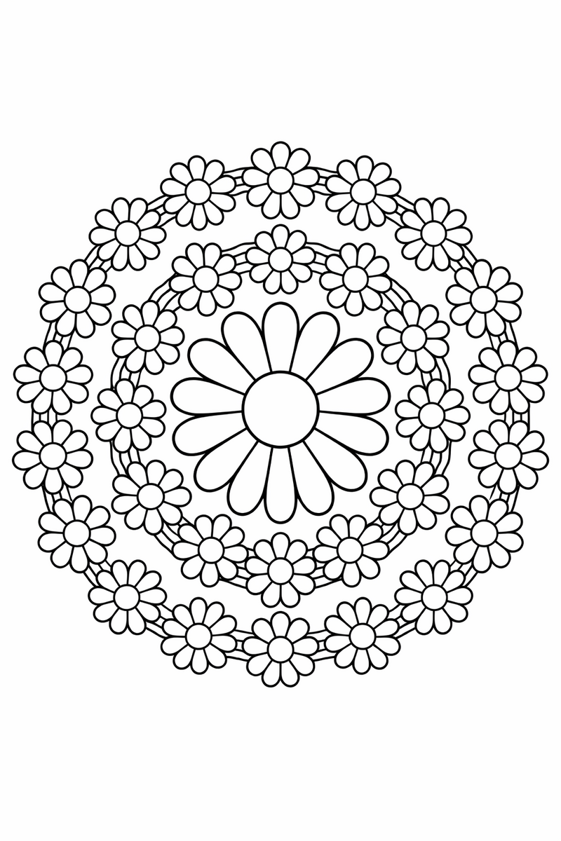Daisy mandala with rings of simple round-petaled daisies linked into a chain, cheerful symmetric coloring page