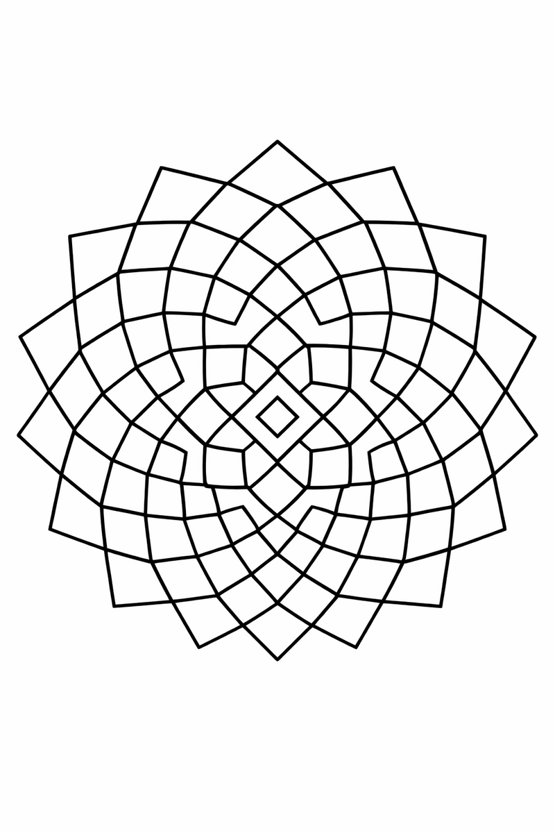 Diamond lattice mandala with a grid of rhombus diamonds nested in concentric diamond rings, geometric symmetric coloring page