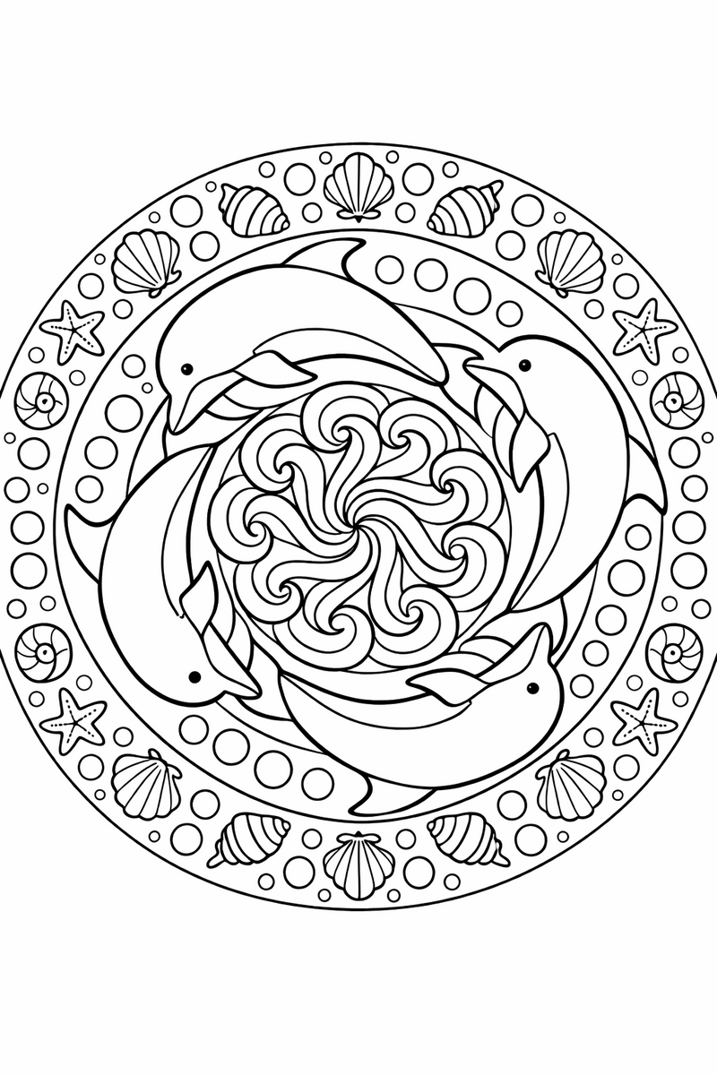 Dolphin mandala with four leaping dolphins arranged nose to tail around a wave rosette, with bubbles and small shells filling the outer rings, symmetric coloring page
