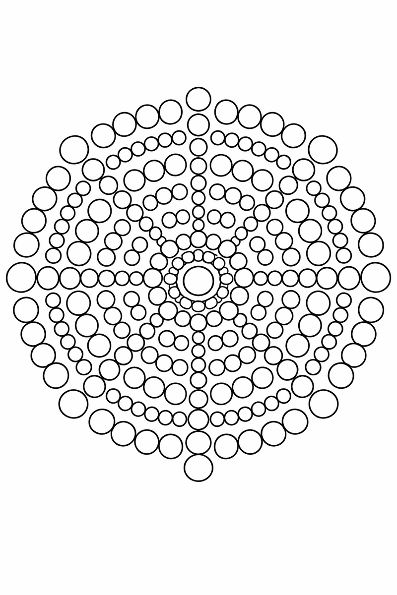 Dot art mandala built entirely from rings of small circles of graduating size arranged along radiating lines, clean dotted symmetric coloring page