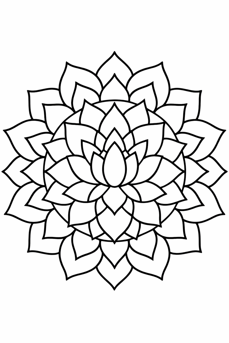 Double lotus mandala with two layered rings of pointed lotus petals opening one inside the other, serene symmetric coloring page
