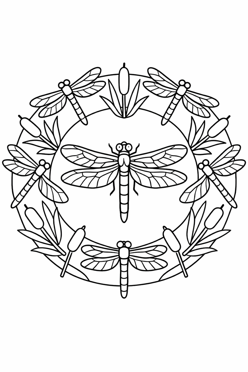 Dragonfly mandala with a ring of dragonflies with long veined wings alternating with cattails, airy symmetric coloring page