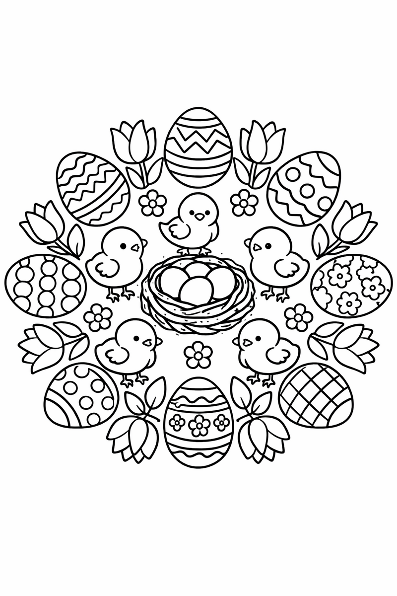 Easter mandala with a ring of patterned easter eggs standing between tulips and little chicks around a small nest of eggs at the center, spring symmetric coloring page