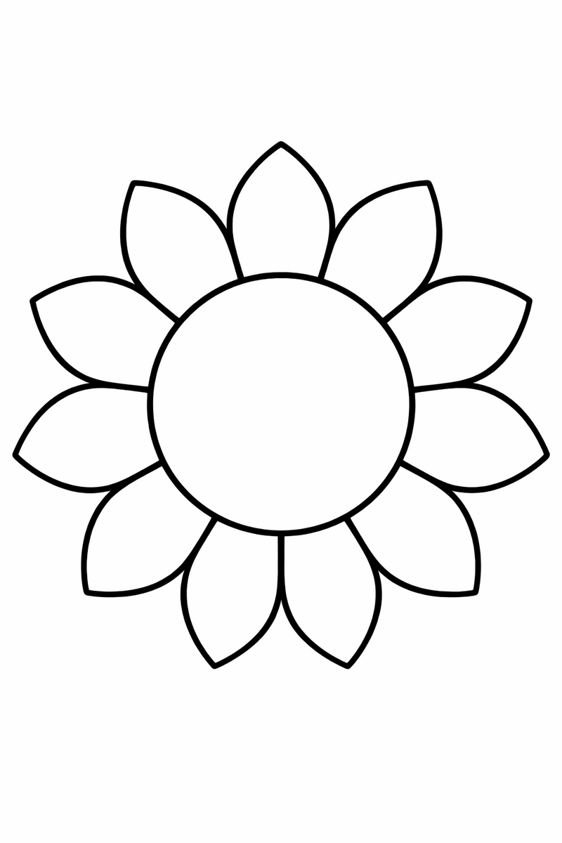 Easy petal mandala with a single ring of big simple petals around a large round center for beginners, bold symmetric coloring page