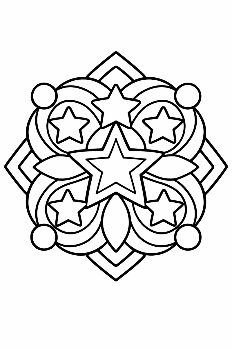 Easy star mandala with a few large chunky stars and big open shapes and thick outlines for toddlers, bold symmetric coloring page