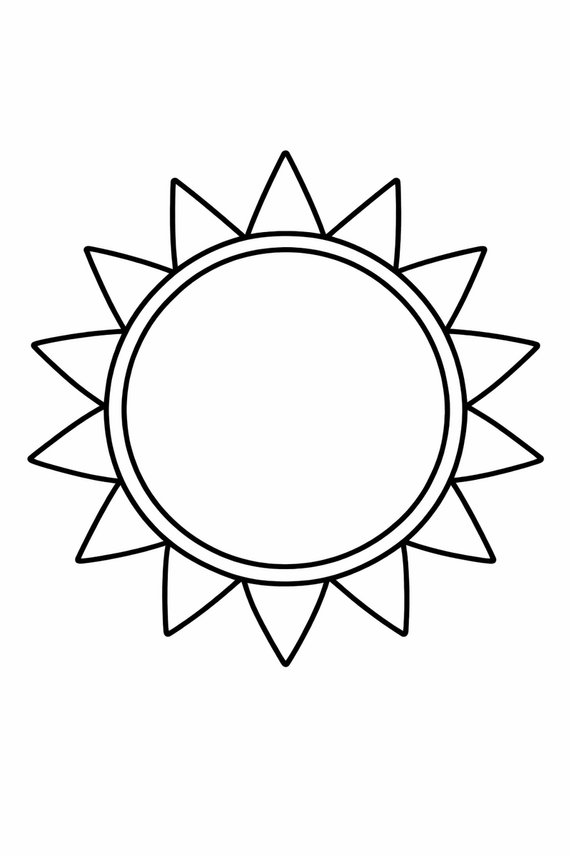 Easy sun mandala with a big round sun and a single ring of chunky triangle rays for toddlers, bold symmetric coloring page