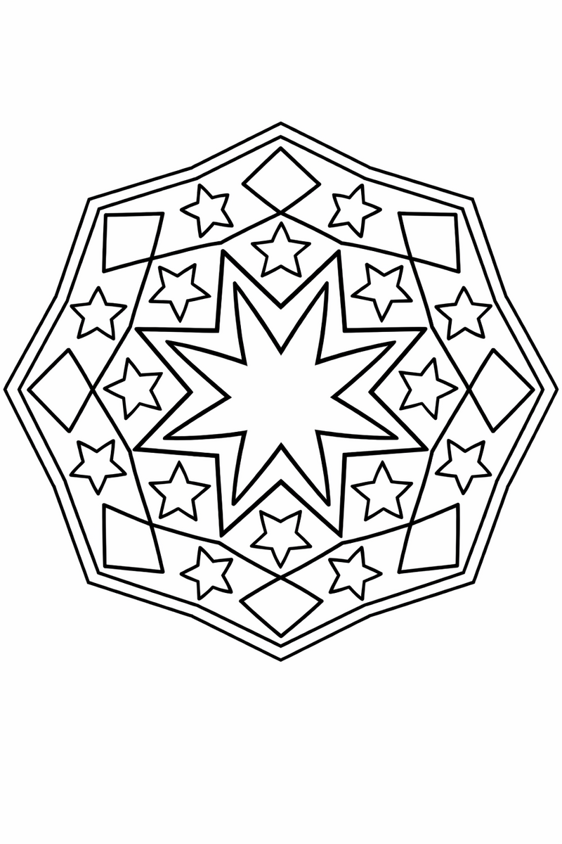 Eight point star mandala with a bold central eight-pointed star framed by smaller repeating stars, geometric symmetric coloring page
