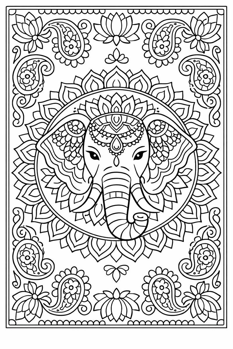 Elephant mandala with a decorated Indian elephant head at the center surrounded by paisley and lotus borders, ornate symmetric coloring page