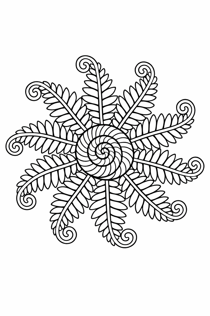 Fern mandala with feathery fern fronds curling outward from a coiled center like a wheel of leaflets, delicate symmetric coloring page