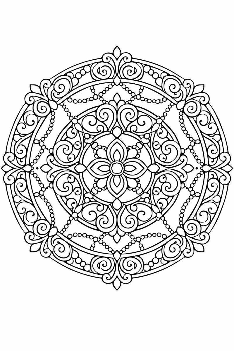 Filigree mandala with delicate metalwork scrolls, curls and beadwork twisting through open airy rings, elegant symmetric coloring page