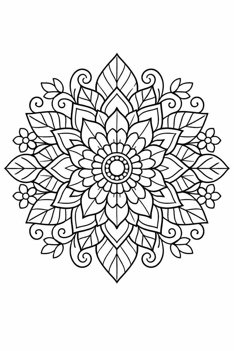 Floral mandala with a large blooming flower core surrounded by layered petals, leaves and vines, symmetric coloring page