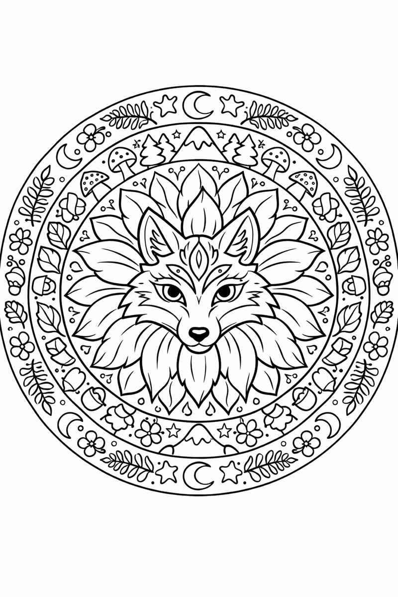 Fox mandala with a pointed fox face at the center surrounded by rings of bushy tails, leaves and forest patterns in even symmetric bands, intricate coloring page