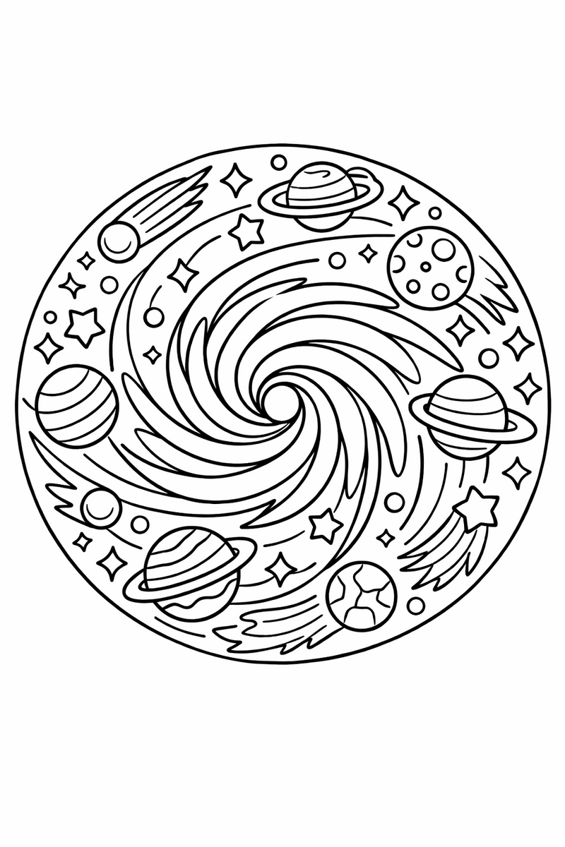 Galaxy mandala with a spiral galaxy swirl of stars, planets and comet tails winding out from the center, cosmic symmetric coloring page