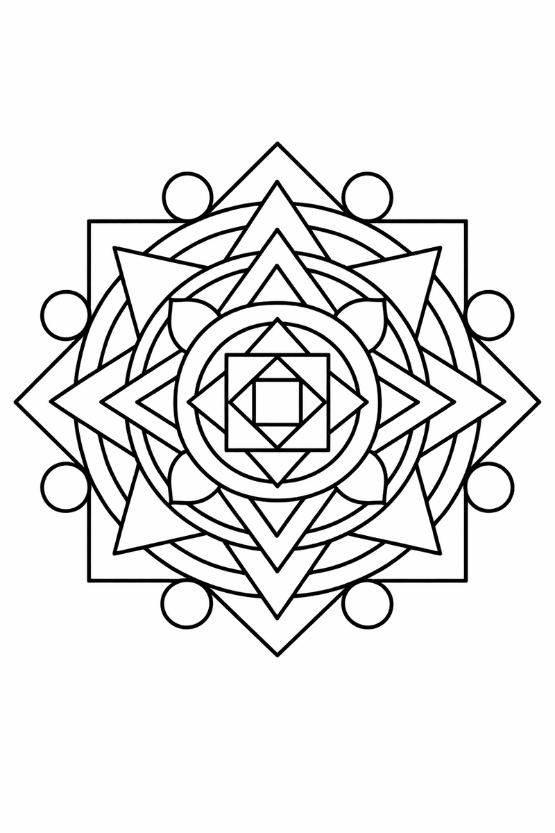 Geometric mandala built from nested squares, triangles and circles in precise radial symmetry, clean symmetric coloring page