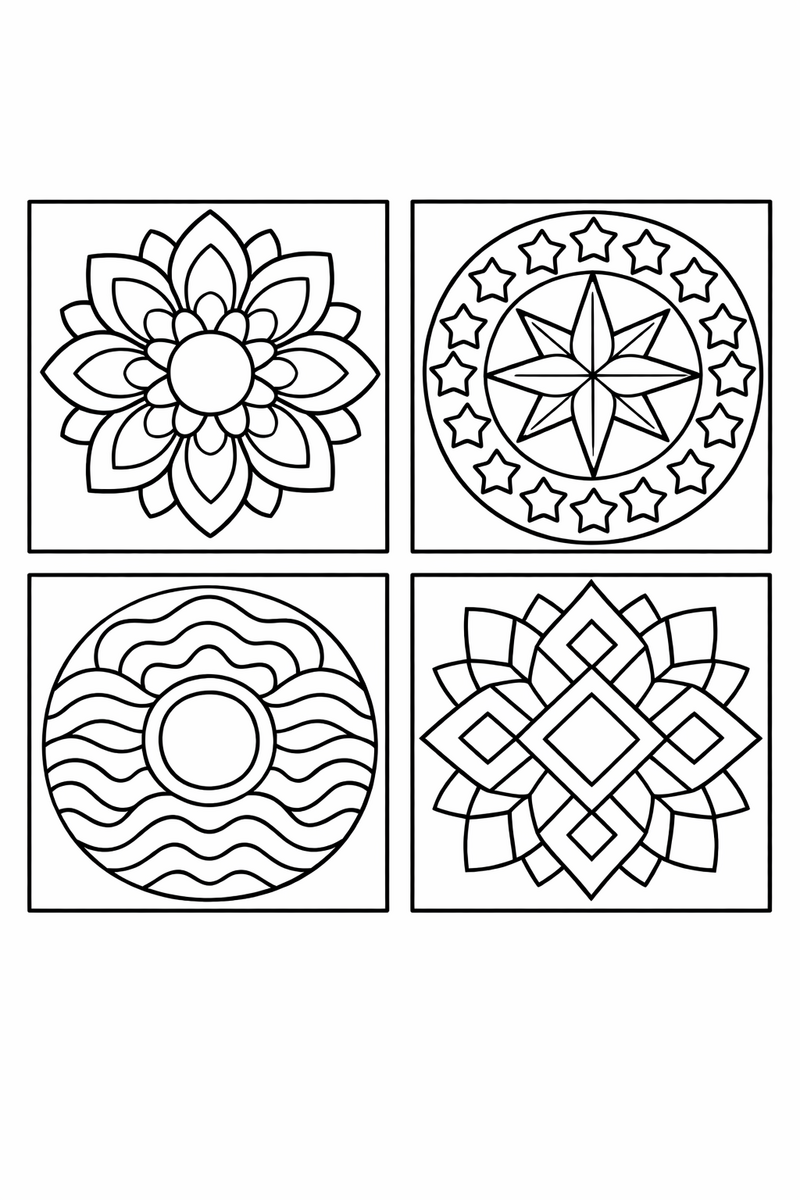 A page divided into a two by two grid of four small mandalas, each framed square carrying a different simple pattern of petals, stars, waves or diamonds, coloring page