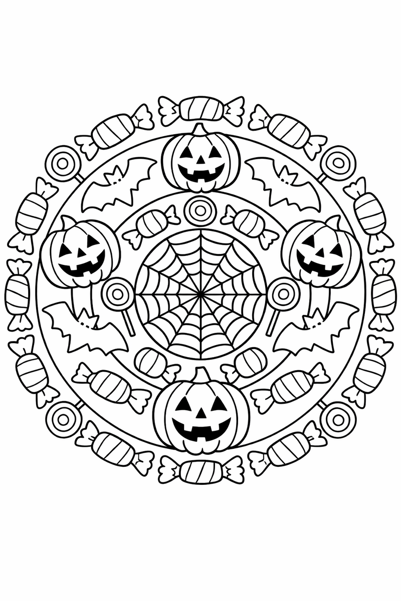 Halloween mandala with grinning carved pumpkins alternating with bats and candy shapes in radiating rings around a spider web center, symmetric coloring page