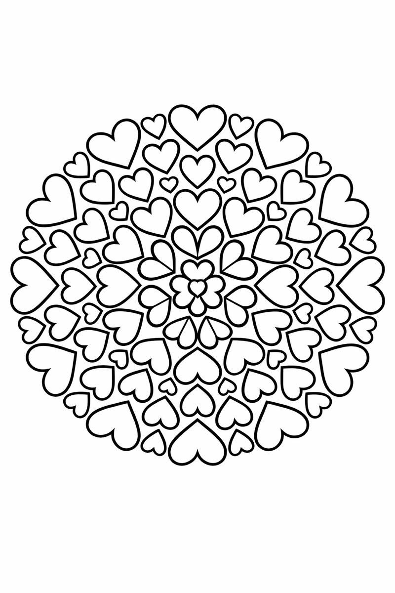 Mandala de corazones floreciendo en anillos para colorear