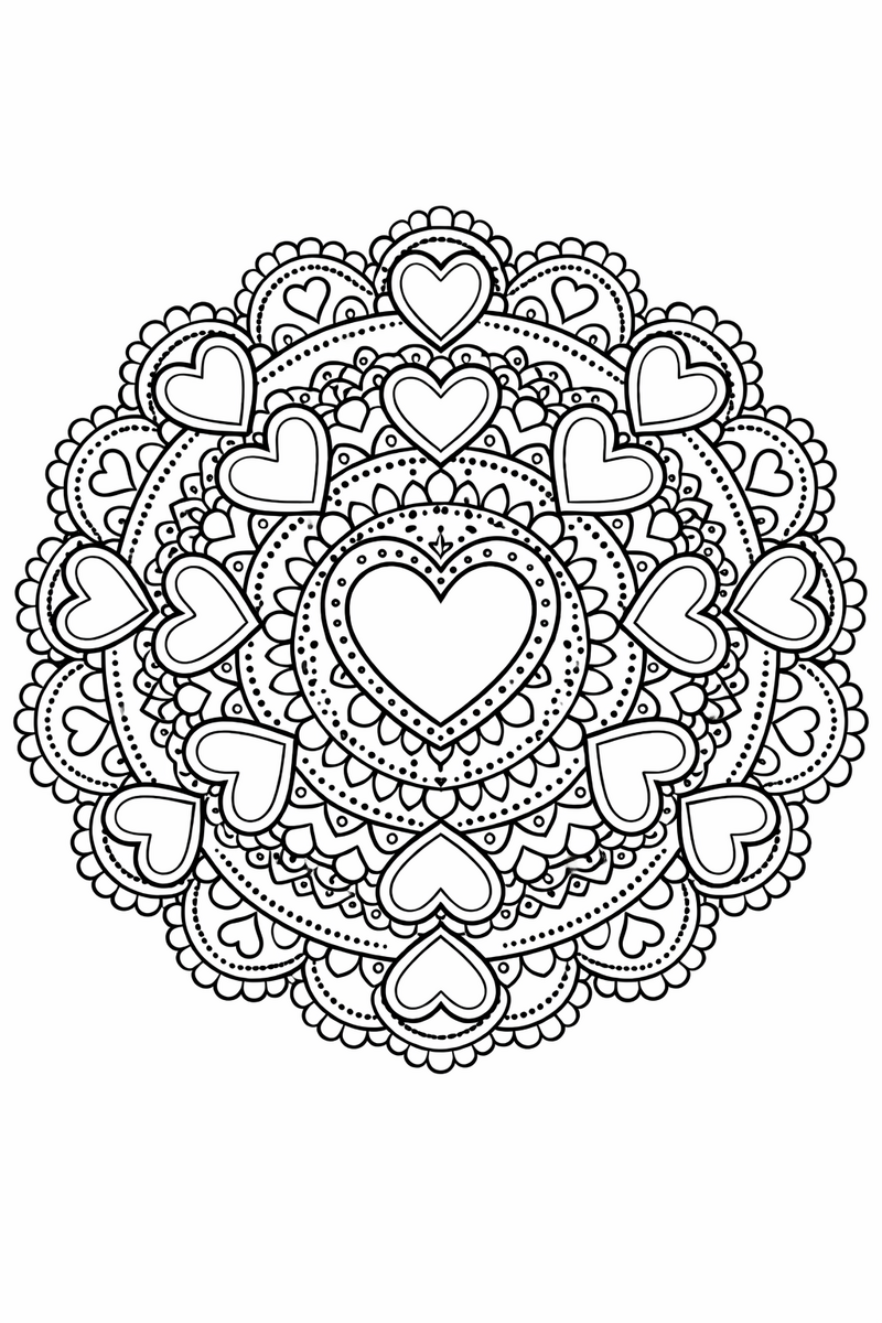 Heart lace mandala with rings of lacy hearts pierced by fine cutwork and dotted trims, delicate symmetric coloring page