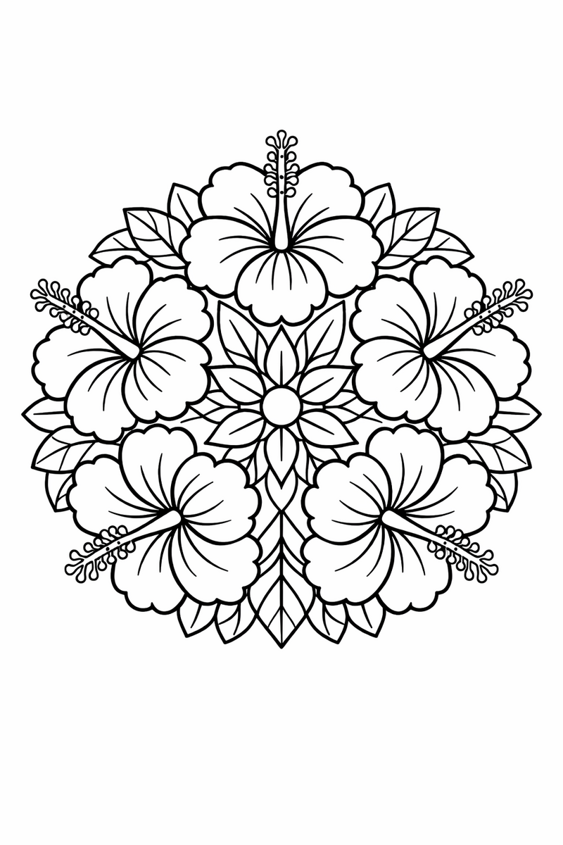 Hibiscus mandala with five-petal tropical hibiscus flowers and long stamens in radial symmetry, symmetric coloring page