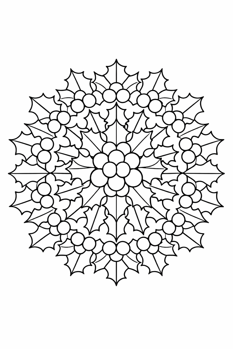 Holly berry mandala with rings of spiky holly leaves and round berry clusters in festive symmetry, symmetric coloring page