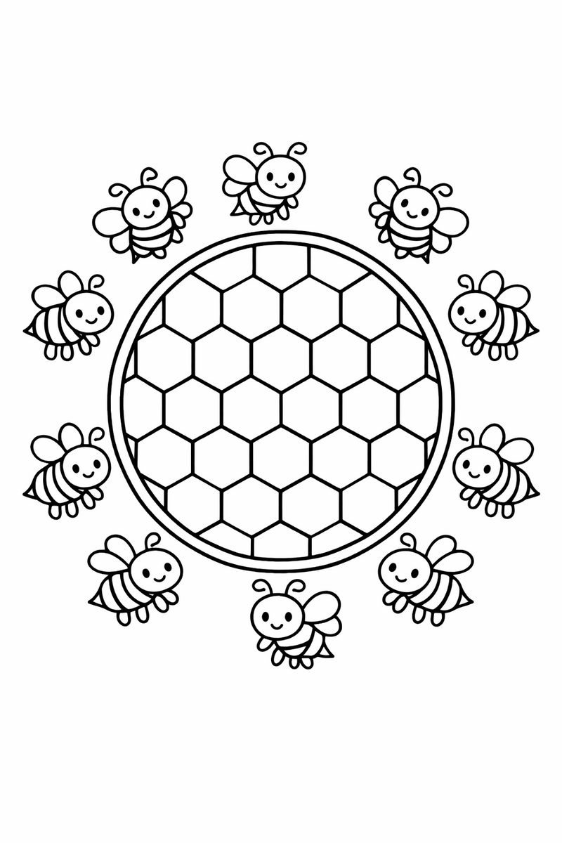 Mandala de celdas de panal con abejitas en el borde para colorear