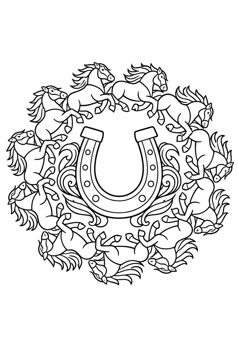 Horse mandala with a ring of galloping horses nose to tail circling a horseshoe and swirling manes, spirited symmetric coloring page