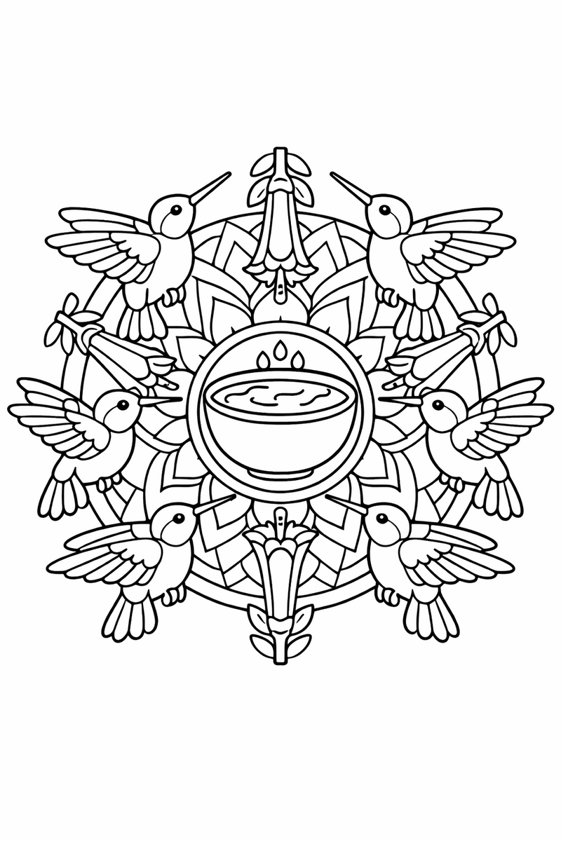 Hummingbird mandala with six hovering hummingbirds alternating with long tubular flowers around a nectar-filled center, fine detailed symmetric coloring page