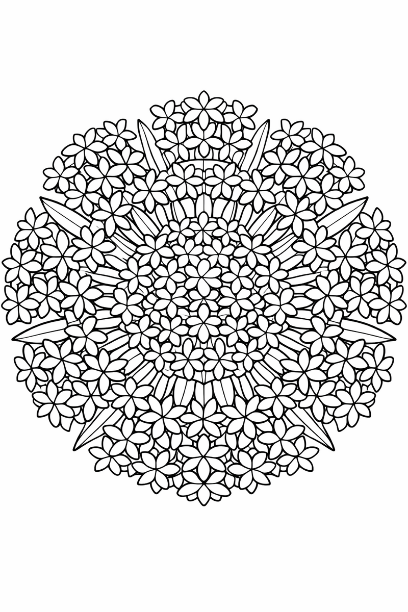 Hyacinth mandala with dense spikes of star-shaped hyacinth florets curving outward in radial bands around a clustered core, intricate symmetric coloring page
