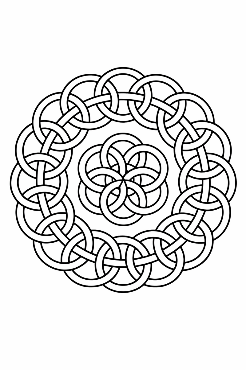 Interlaced rings mandala with overlapping circles forming a chain-mail lattice, geometric symmetric coloring page