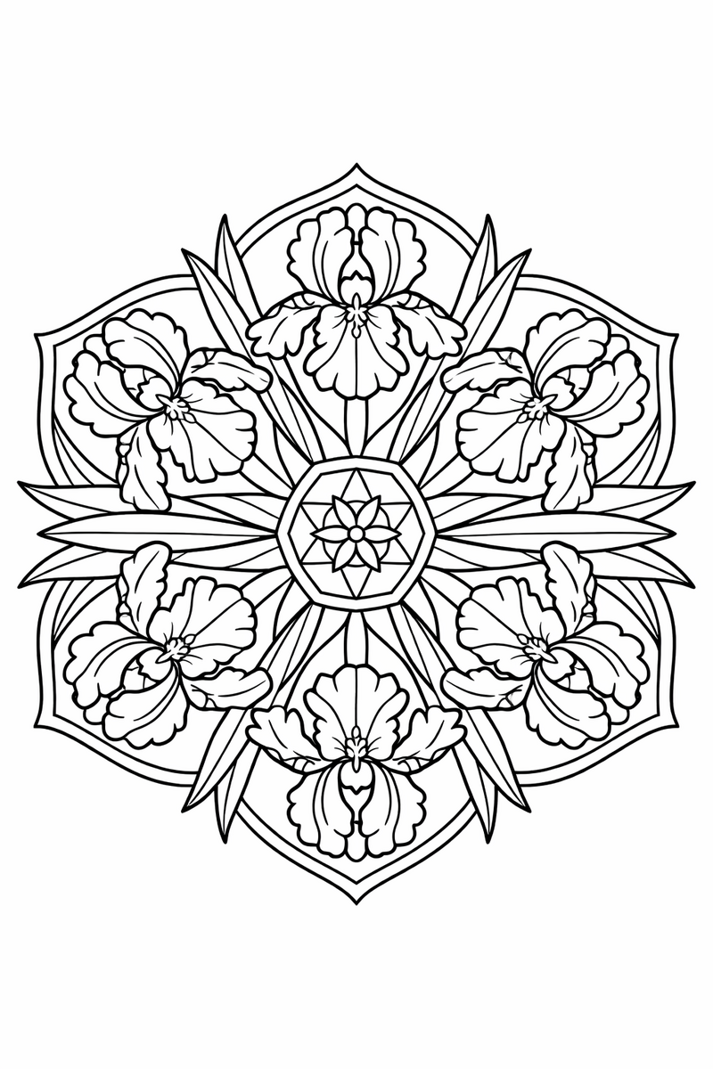 Iris mandala with bearded iris flowers showing upright standards and falling petals arranged in a six-fold ring braced by sword-shaped leaves, intricate coloring page