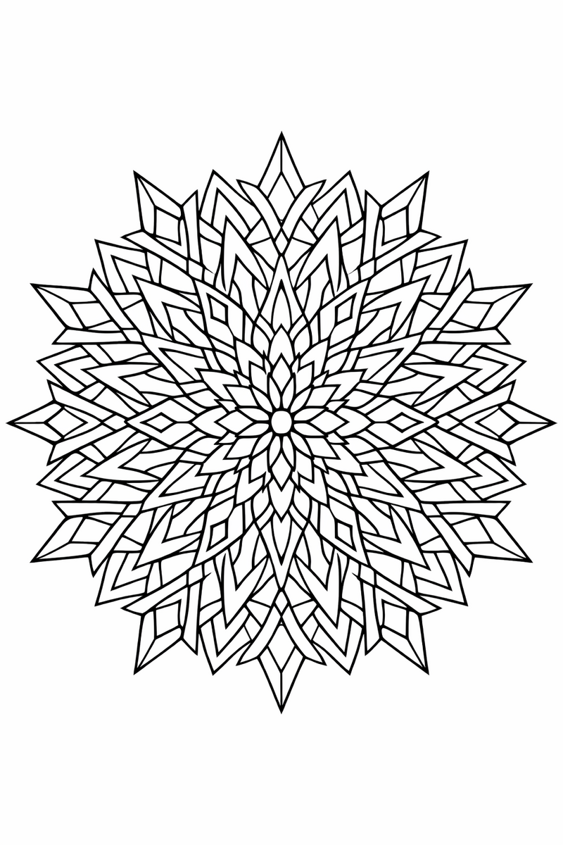 Kaleidoscope mandala with sharp mirrored fragments of shapes repeating in twelvefold symmetry, dazzling symmetric coloring page