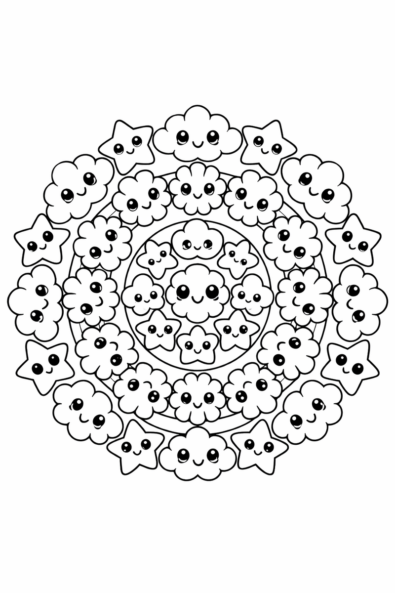 Kawaii mandala with rings of chubby smiling cartoon flowers, clouds and stars with big round eyes arranged in cheerful symmetry, simple cute coloring page