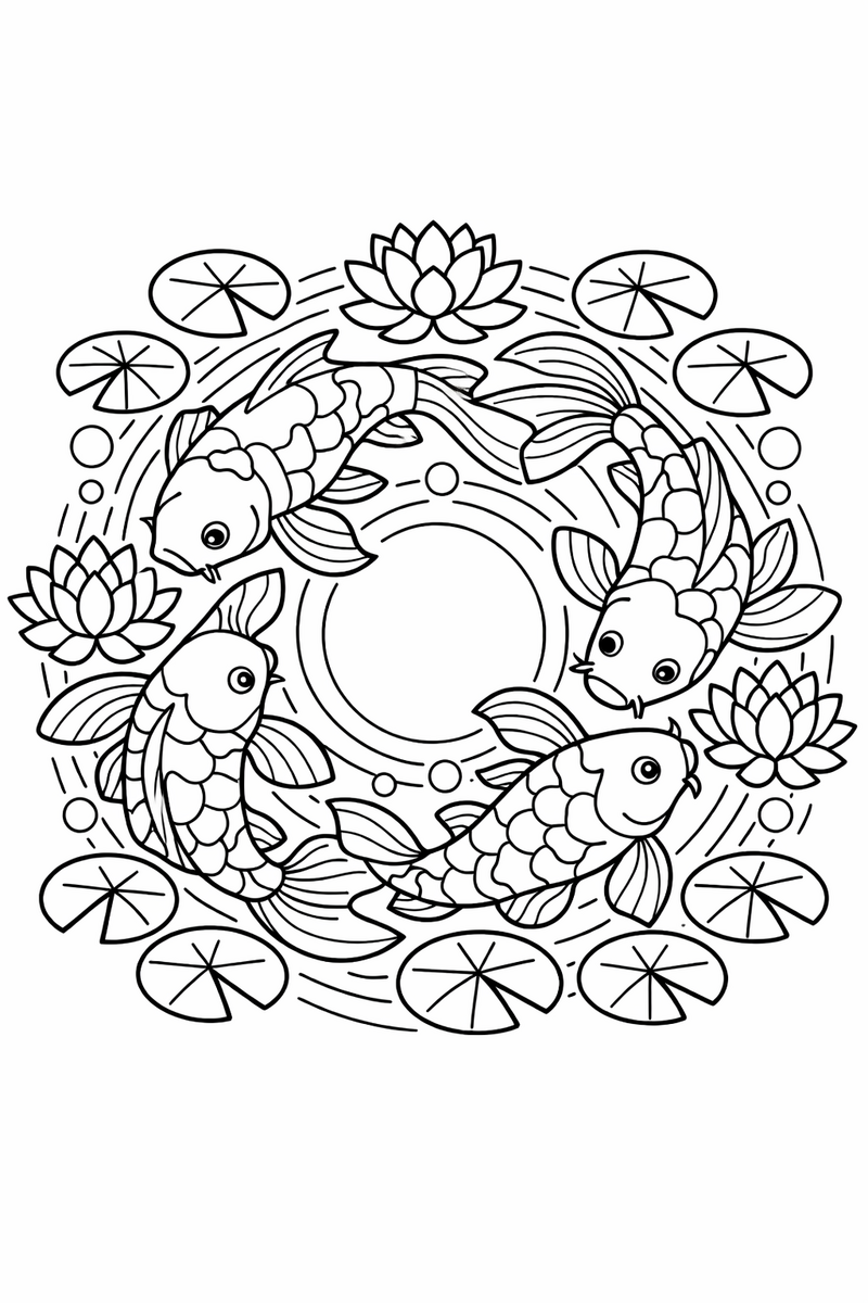 Koi fish mandala with koi swimming in a circle chasing their tails among lotus pads and ripples, flowing symmetric coloring page