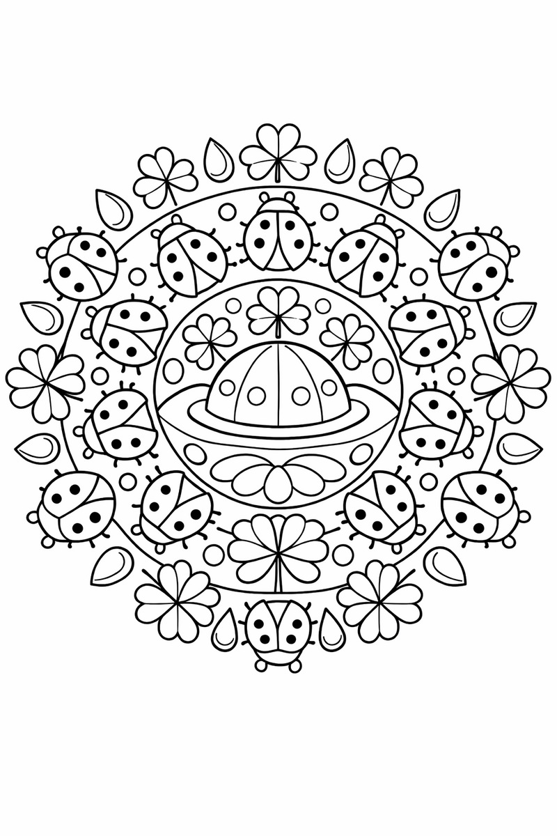 Ladybug mandala with rings of round spotted ladybugs crawling between clover leaves and dew drops around a domed center, cheerful symmetric coloring page