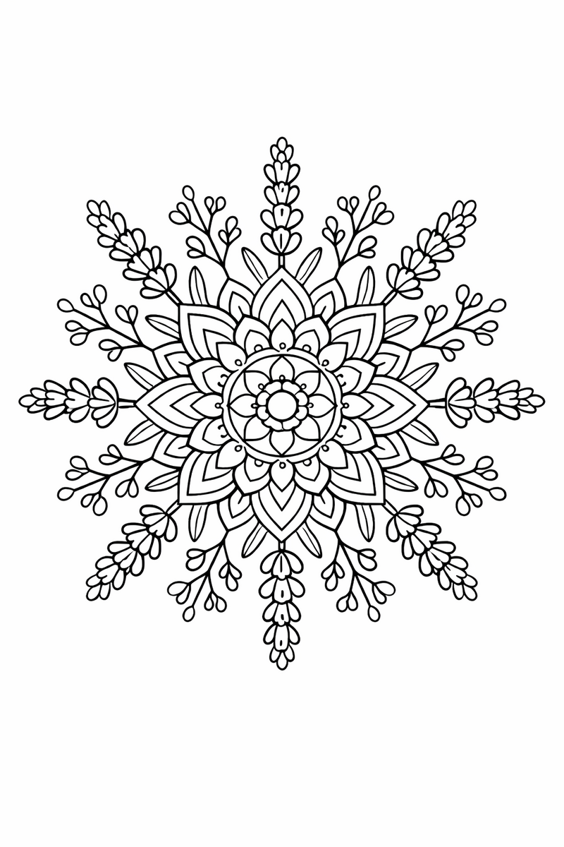 Lavender mandala with slender lavender sprigs and tiny buds fanning out in radial symmetry, calm symmetric coloring page