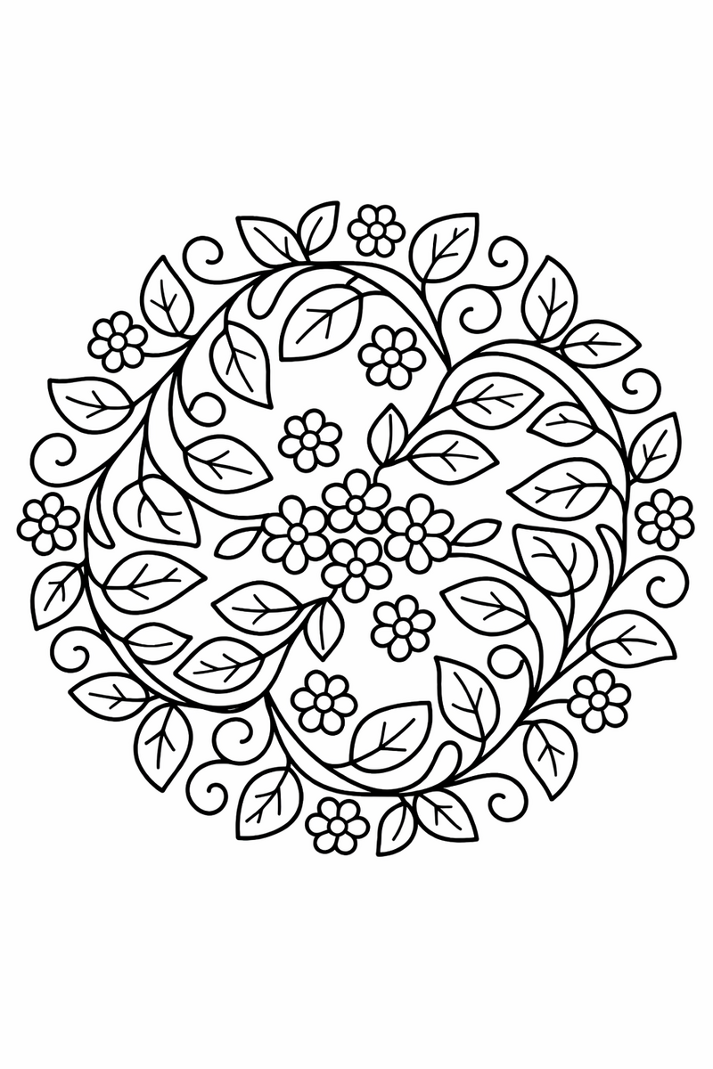 Mandala de enredaderas con hojas y pequeñas flores en patrón circular para colorear